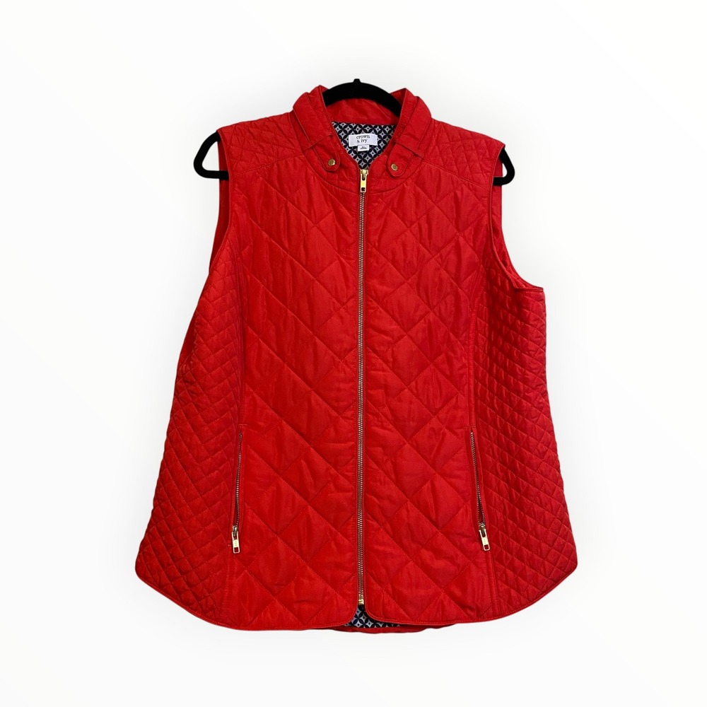 Crown & Ivy Womens Red Quilted Full Zip Vest Gold Hardware XL